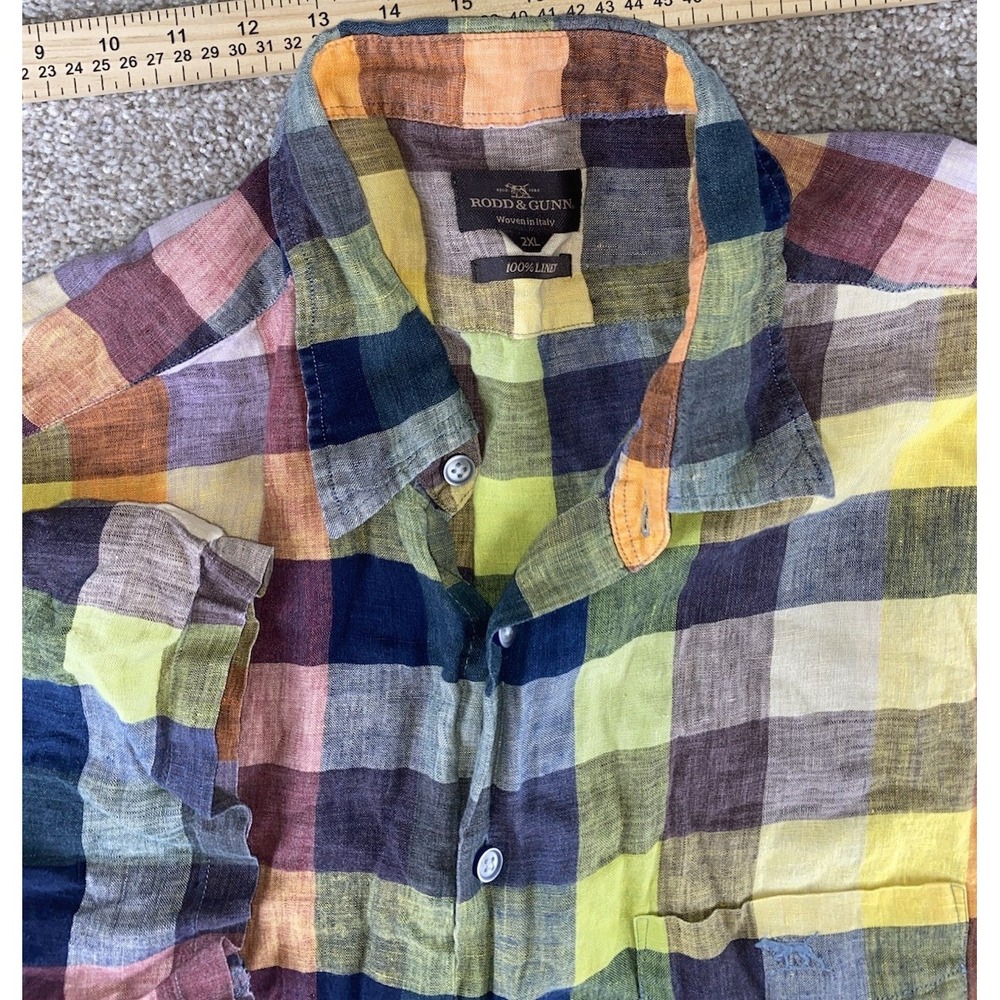 Ross & Gunn Woven In Italy Linen Check Colorful Plaid Mens XXL Shirt Spring Cool